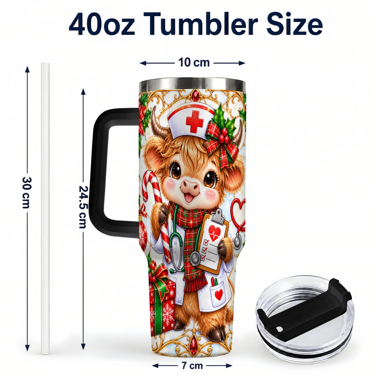 #pl[40oz|Black] Christmas Nurse Highland Cow 40oz Tumbler with Handle, Holiday Cow Art