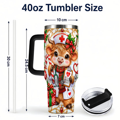 #pl[40oz|Black] Christmas Nurse Highland Cow 40oz Tumbler with Handle, Holiday Cow Art