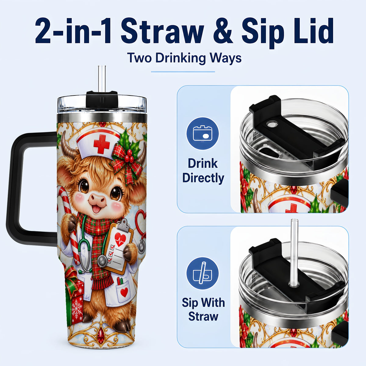 #pl[40oz|Black] Christmas Nurse Highland Cow 40oz Tumbler with Handle, Holiday Cow Art