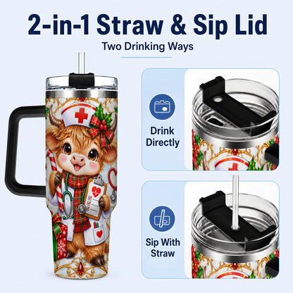 #pl[40oz|Black] Christmas Nurse Highland Cow 40oz Tumbler with Handle, Holiday Cow Art