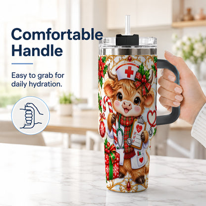 #pl[40oz|Black] Christmas Nurse Highland Cow 40oz Tumbler with Handle, Holiday Cow Art