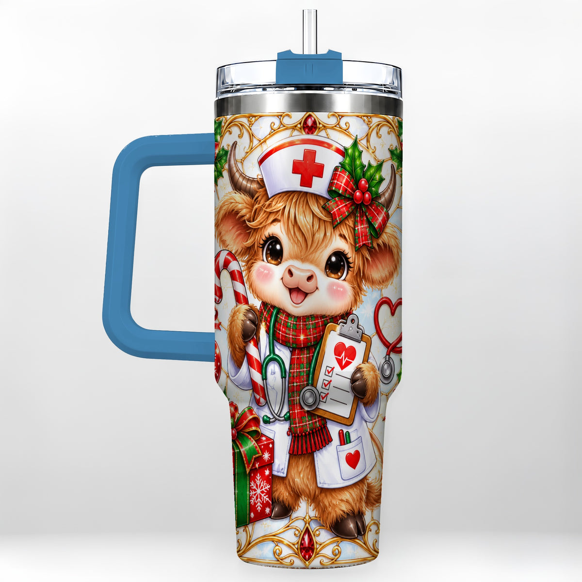 #pl[40oz|Blue] Christmas Nurse Highland Cow 40oz Tumbler with Handle, Holiday Cow Art