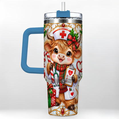 #pl[40oz|Blue] Christmas Nurse Highland Cow 40oz Tumbler with Handle, Holiday Cow Art