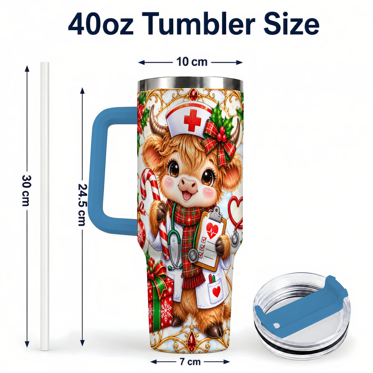 #pl[40oz|Blue] Christmas Nurse Highland Cow 40oz Tumbler with Handle, Holiday Cow Art
