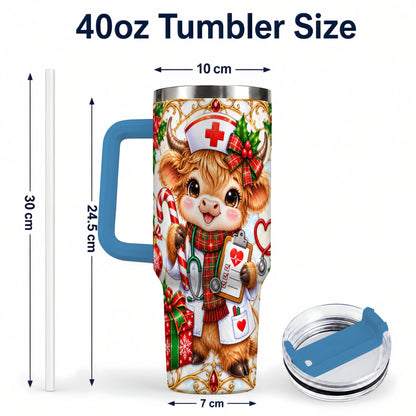 #pl[40oz|Blue] Christmas Nurse Highland Cow 40oz Tumbler with Handle, Holiday Cow Art