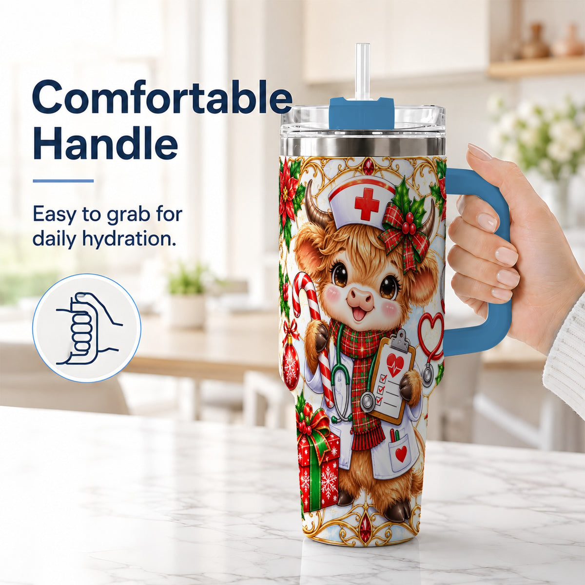 #pl[40oz|Blue] Christmas Nurse Highland Cow 40oz Tumbler with Handle, Holiday Cow Art