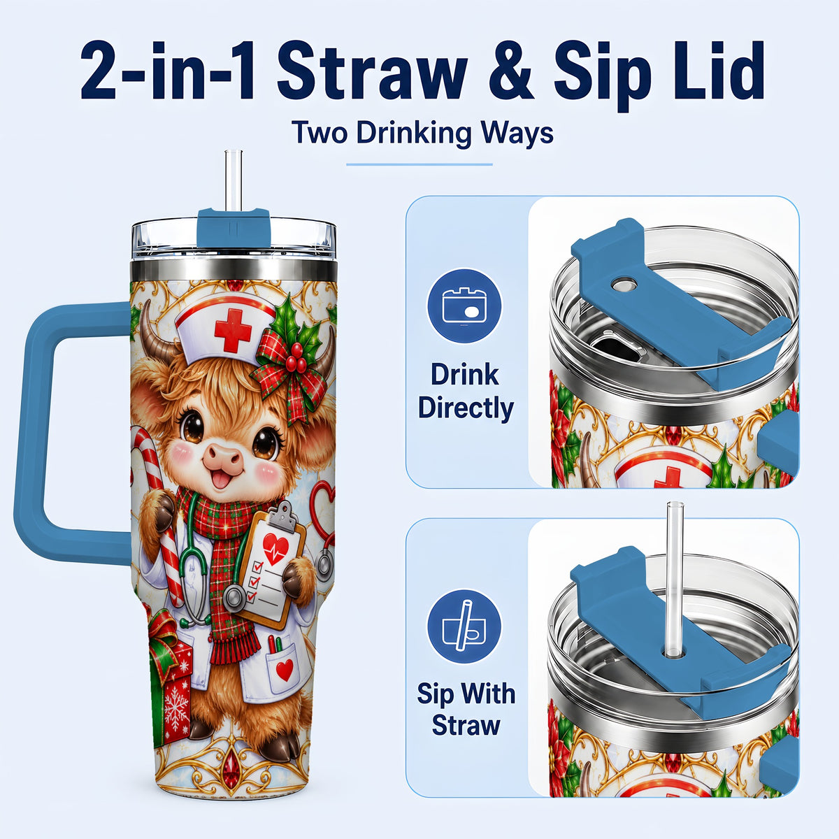 #pl[40oz|Blue] Christmas Nurse Highland Cow 40oz Tumbler with Handle, Holiday Cow Art
