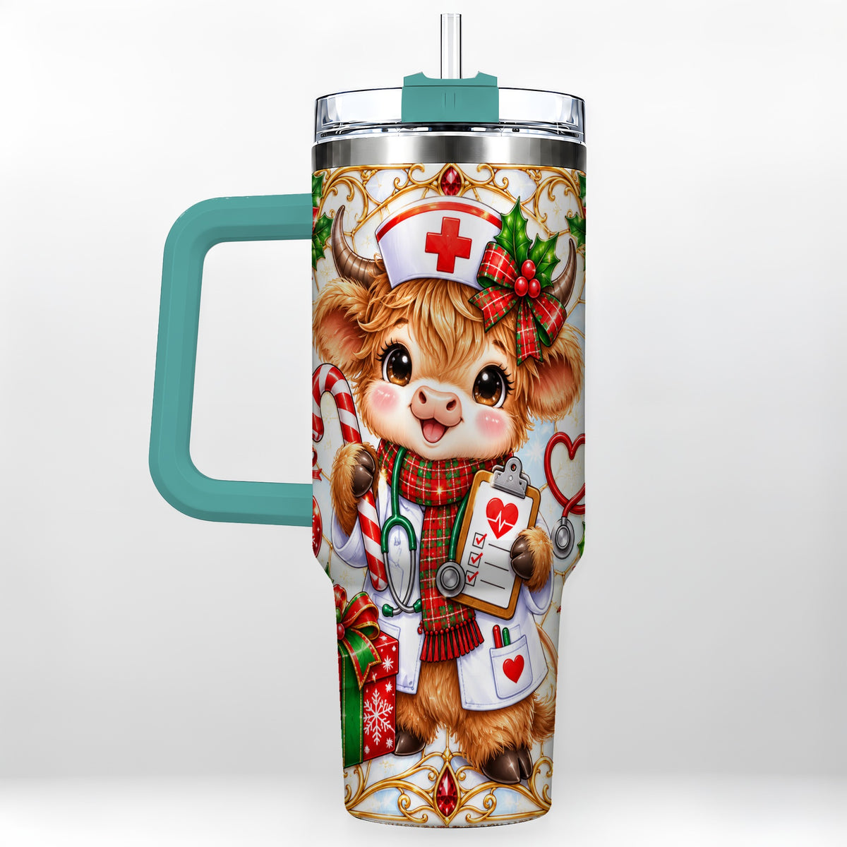 #pl[40oz|Green] Christmas Nurse Highland Cow 40oz Tumbler with Handle, Holiday Cow Art