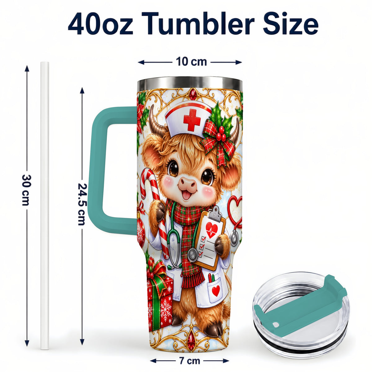 #pl[40oz|Green] Christmas Nurse Highland Cow 40oz Tumbler with Handle, Holiday Cow Art