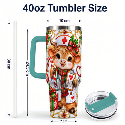 #pl[40oz|Green] Christmas Nurse Highland Cow 40oz Tumbler with Handle, Holiday Cow Art