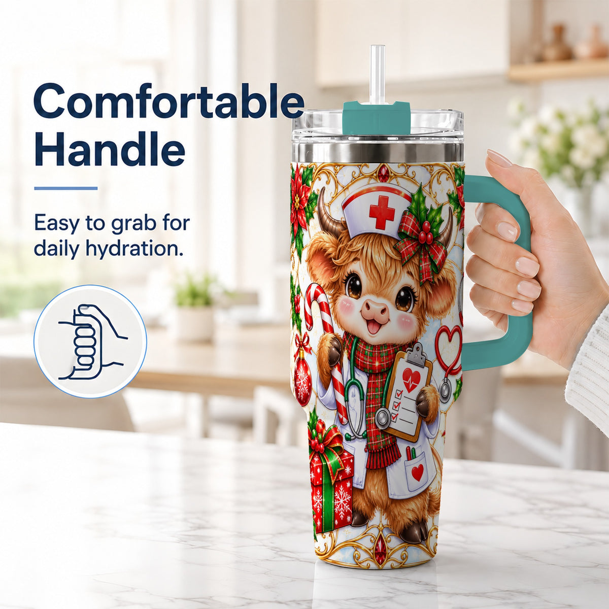 #pl[40oz|Green] Christmas Nurse Highland Cow 40oz Tumbler with Handle, Holiday Cow Art