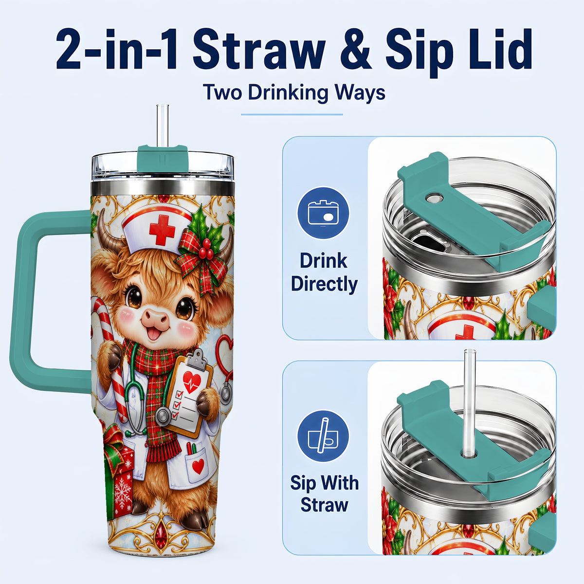 #pl[40oz|Green] Christmas Nurse Highland Cow 40oz Tumbler with Handle, Holiday Cow Art