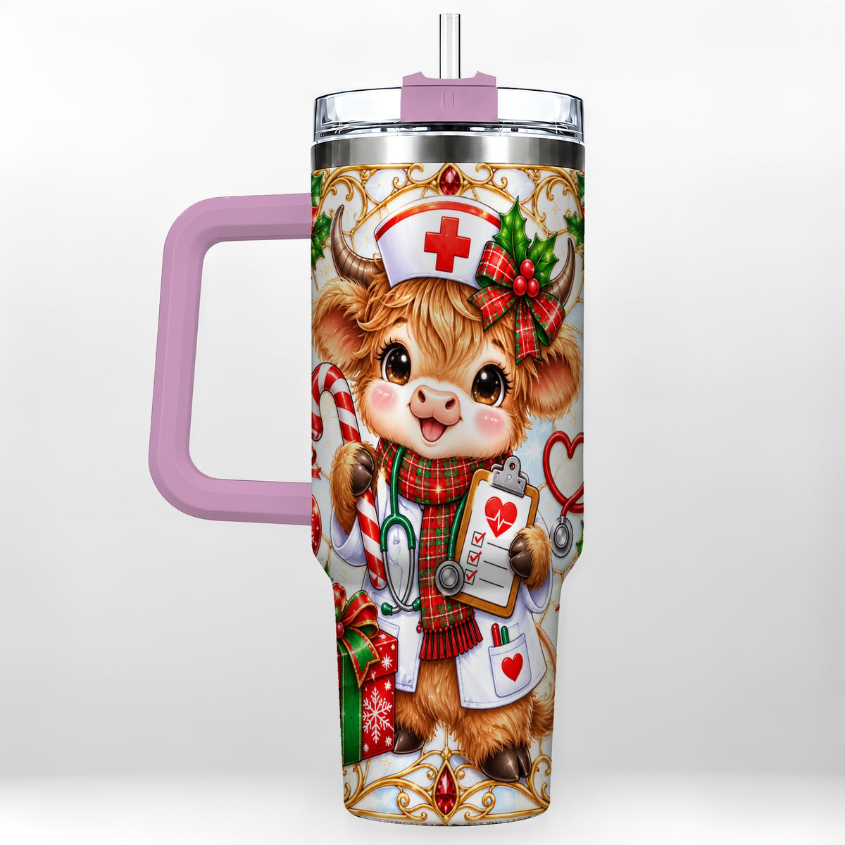 #pl[40oz|Pink] Christmas Nurse Highland Cow 40oz Tumbler with Handle, Holiday Cow Art