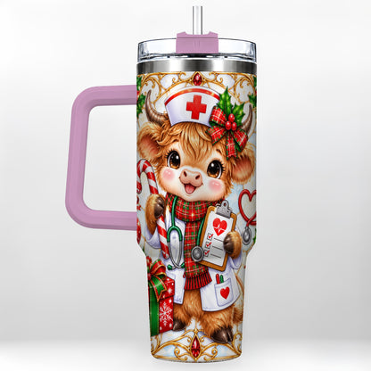 #pl[40oz|Pink] Christmas Nurse Highland Cow 40oz Tumbler with Handle, Holiday Cow Art