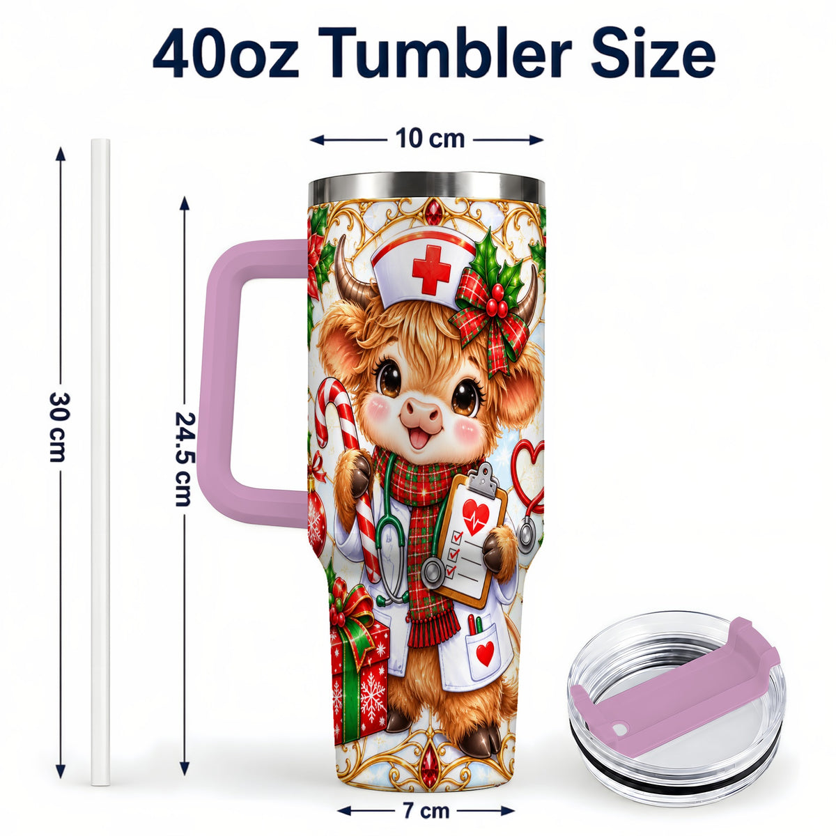 #pl[40oz|Pink] Christmas Nurse Highland Cow 40oz Tumbler with Handle, Holiday Cow Art