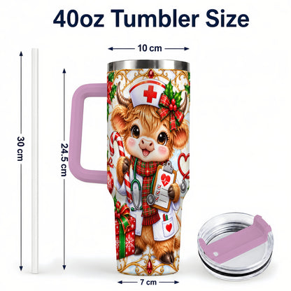 #pl[40oz|Pink] Christmas Nurse Highland Cow 40oz Tumbler with Handle, Holiday Cow Art