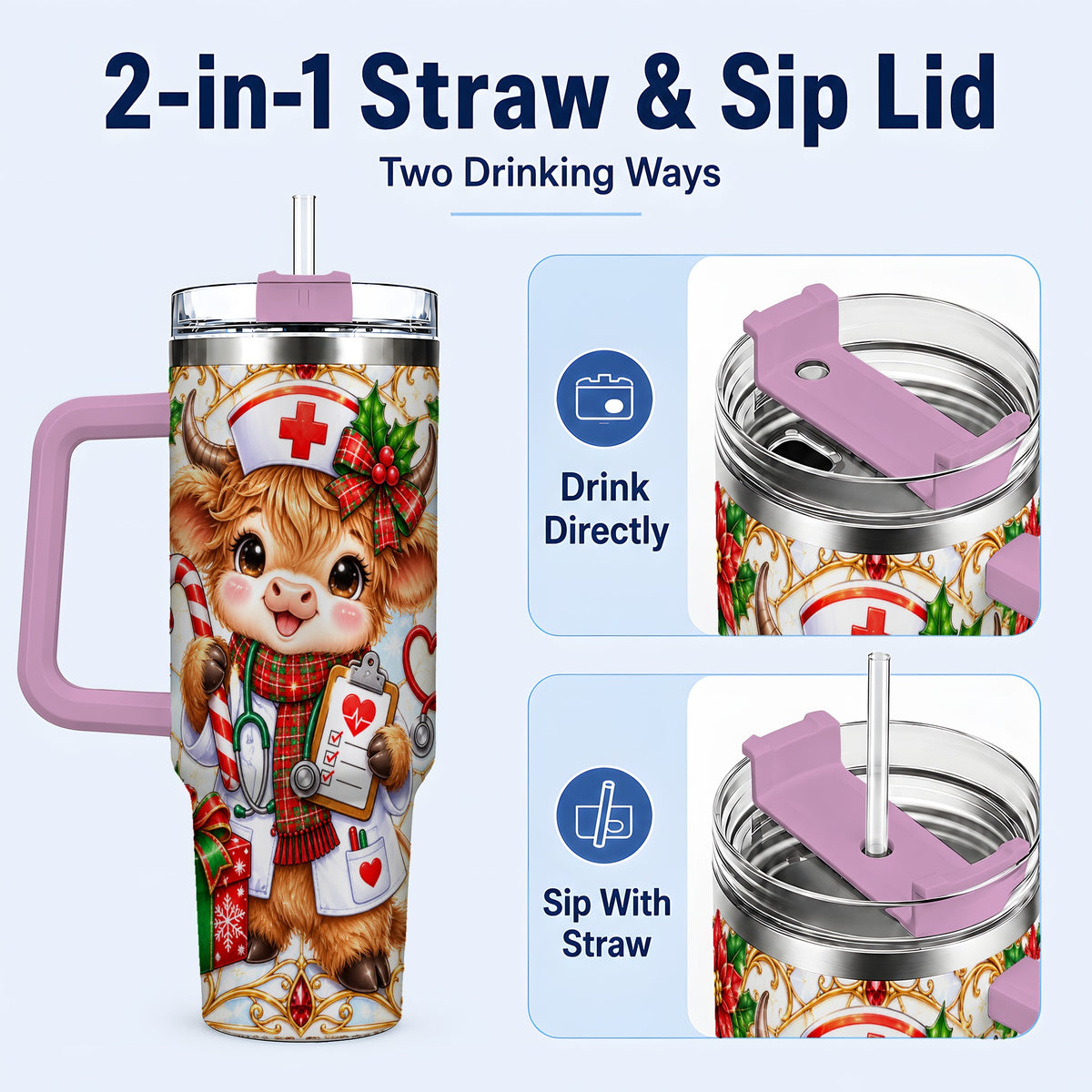 #pl[40oz|Pink] Christmas Nurse Highland Cow 40oz Tumbler with Handle, Holiday Cow Art