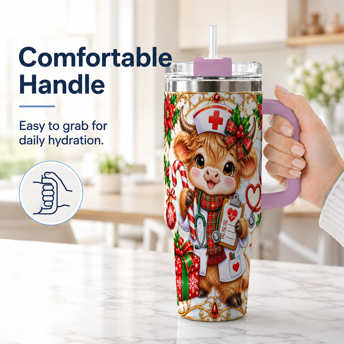 #pl[40oz|Pink] Christmas Nurse Highland Cow 40oz Tumbler with Handle, Holiday Cow Art
