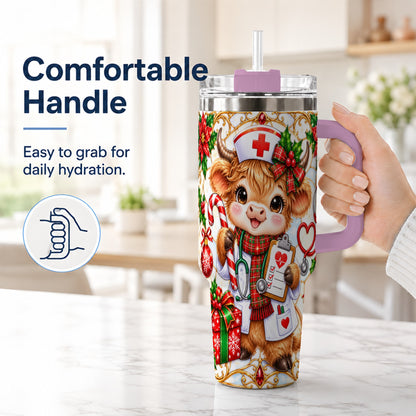 #pl[40oz|Pink] Christmas Nurse Highland Cow 40oz Tumbler with Handle, Holiday Cow Art