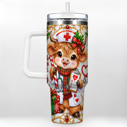 Christmas Nurse Highland Cow 40oz Tumbler with Handle, Holiday Cow Art