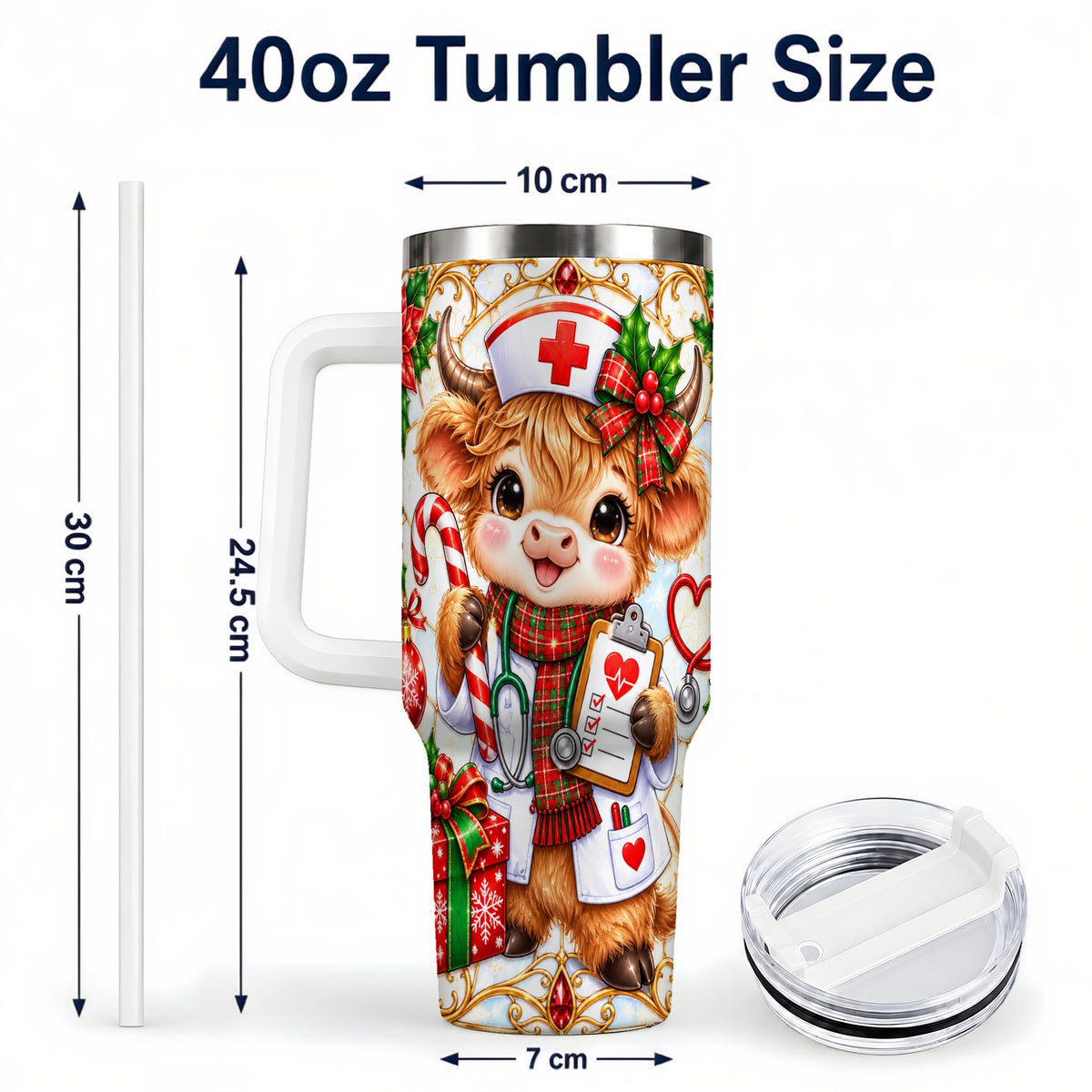 #pl[40oz|White] Christmas Nurse Highland Cow 40oz Tumbler with Handle, Holiday Cow Art