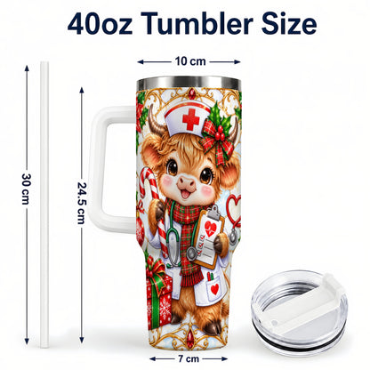 #pl[40oz|White] Christmas Nurse Highland Cow 40oz Tumbler with Handle, Holiday Cow Art