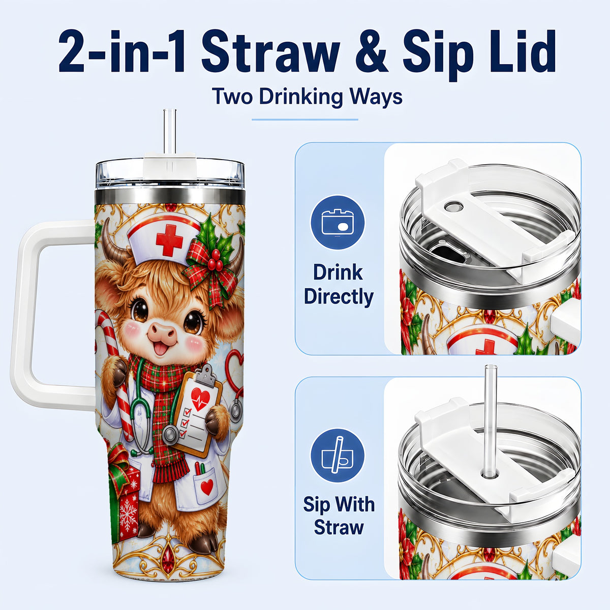 #pl[40oz|White] Christmas Nurse Highland Cow 40oz Tumbler with Handle, Holiday Cow Art
