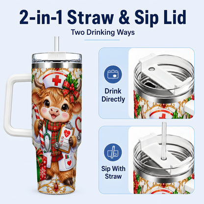#pl[40oz|White] Christmas Nurse Highland Cow 40oz Tumbler with Handle, Holiday Cow Art