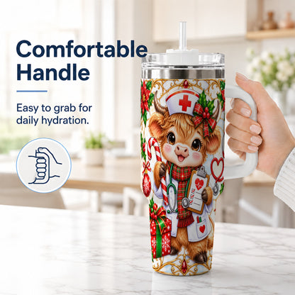 #pl[40oz|White] Christmas Nurse Highland Cow 40oz Tumbler with Handle, Holiday Cow Art