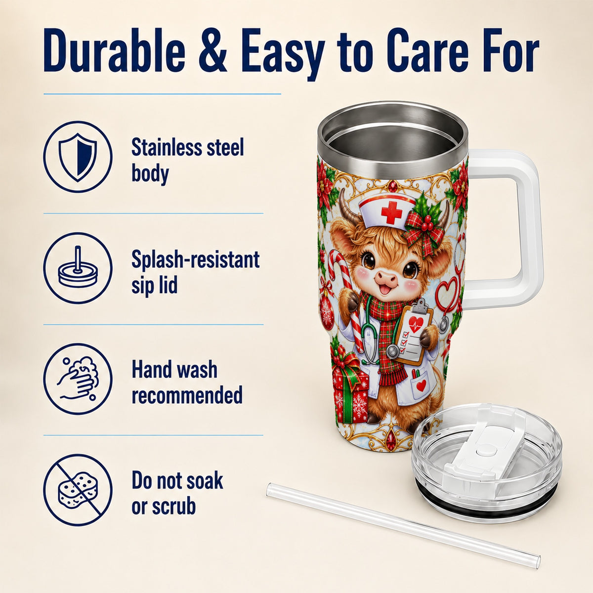 Christmas Nurse Highland Cow 40oz Tumbler with Handle, Holiday Cow Art