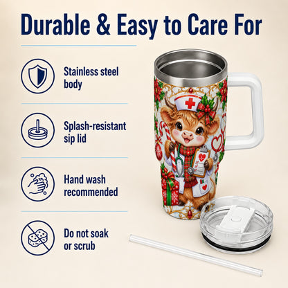 Christmas Nurse Highland Cow 40oz Tumbler with Handle, Holiday Cow Art