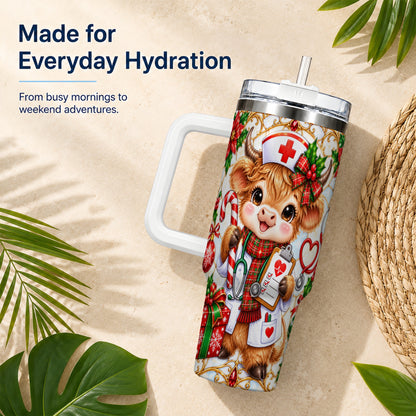 Christmas Nurse Highland Cow 40oz Tumbler with Handle, Holiday Cow Art