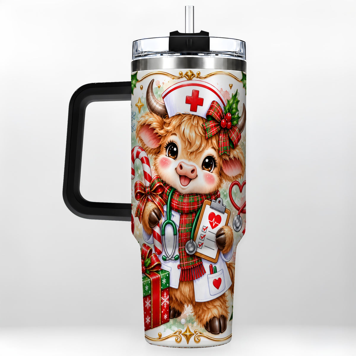 #pl[40oz|Black] Christmas Nurse Cow 40oz Tumbler with Handle, Holiday Healthcare Design