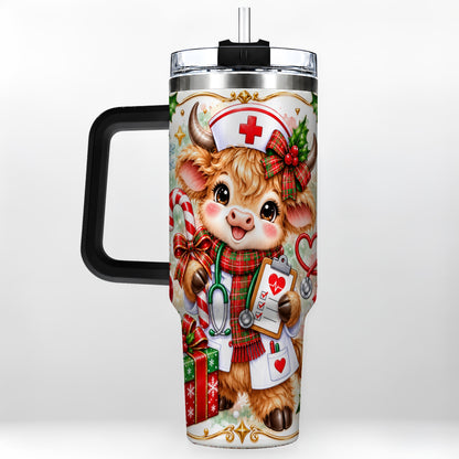 #pl[40oz|Black] Christmas Nurse Cow 40oz Tumbler with Handle, Holiday Healthcare Design