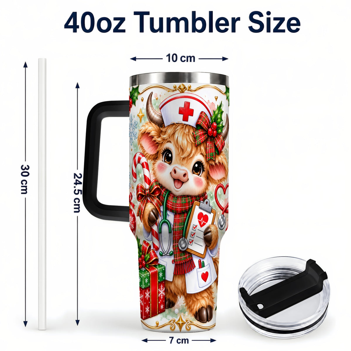 #pl[40oz|Black] Christmas Nurse Cow 40oz Tumbler with Handle, Holiday Healthcare Design