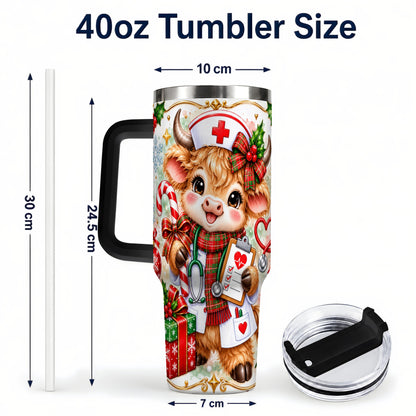 #pl[40oz|Black] Christmas Nurse Cow 40oz Tumbler with Handle, Holiday Healthcare Design