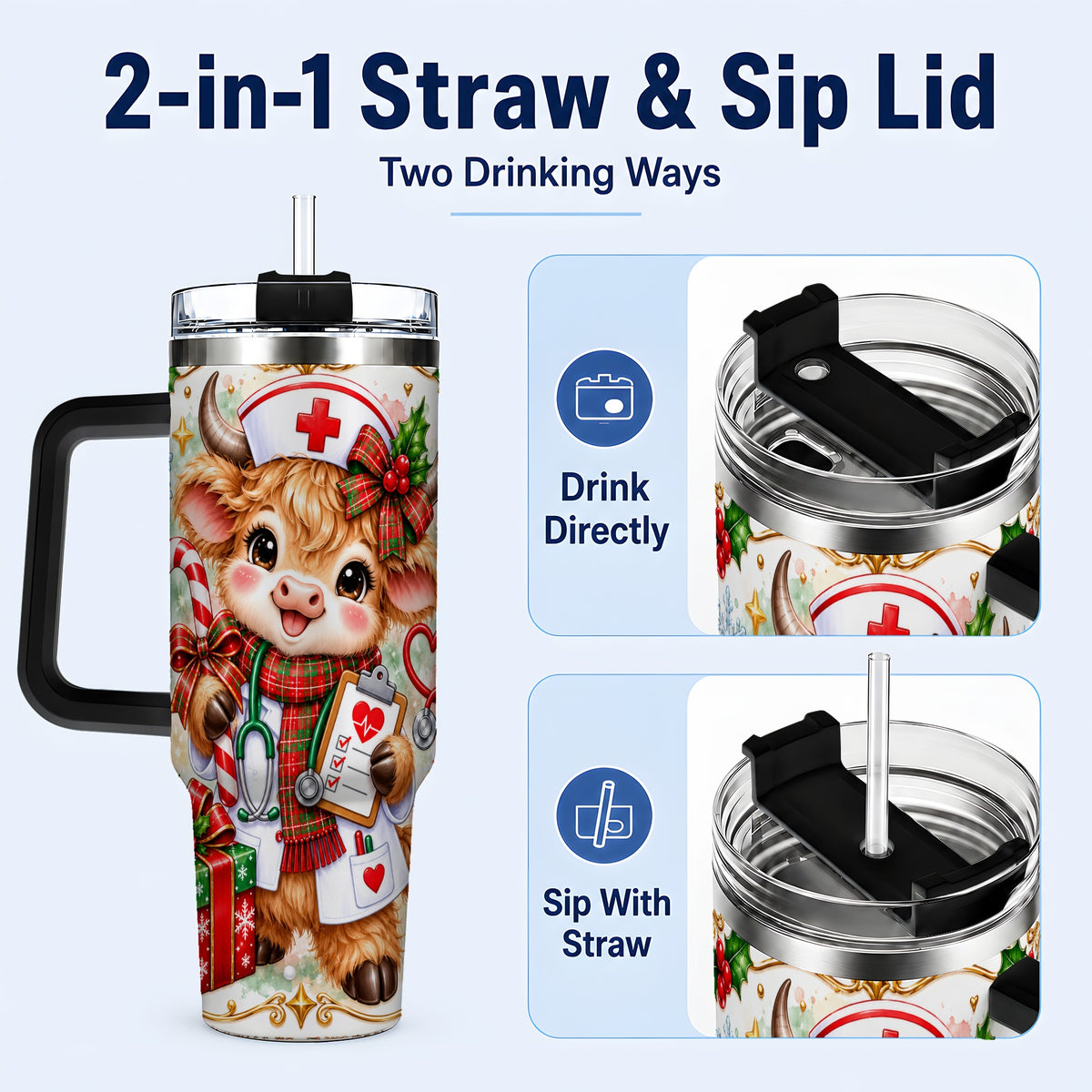 #pl[40oz|Black] Christmas Nurse Cow 40oz Tumbler with Handle, Holiday Healthcare Design