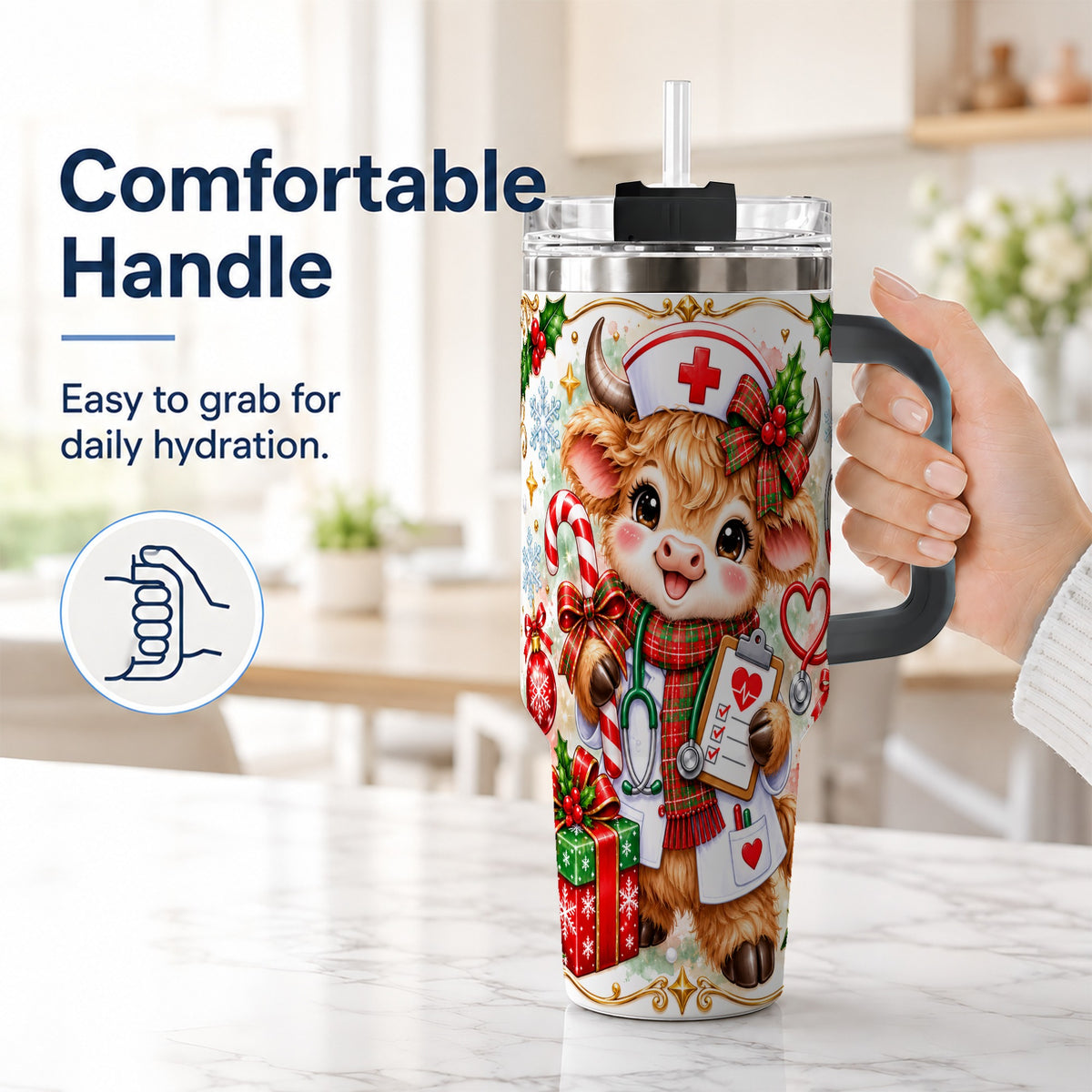 #pl[40oz|Black] Christmas Nurse Cow 40oz Tumbler with Handle, Holiday Healthcare Design