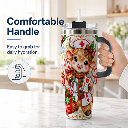 #pl[40oz|Black] Christmas Nurse Cow 40oz Tumbler with Handle, Holiday Healthcare Design