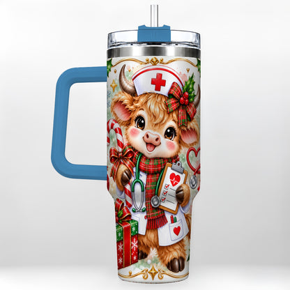 #pl[40oz|Blue] Christmas Nurse Cow 40oz Tumbler with Handle, Holiday Healthcare Design