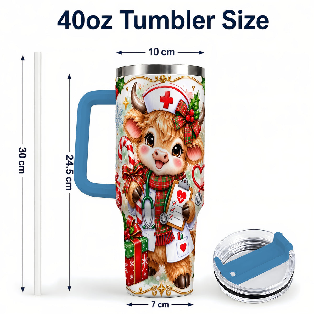 #pl[40oz|Blue] Christmas Nurse Cow 40oz Tumbler with Handle, Holiday Healthcare Design