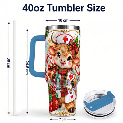 #pl[40oz|Blue] Christmas Nurse Cow 40oz Tumbler with Handle, Holiday Healthcare Design