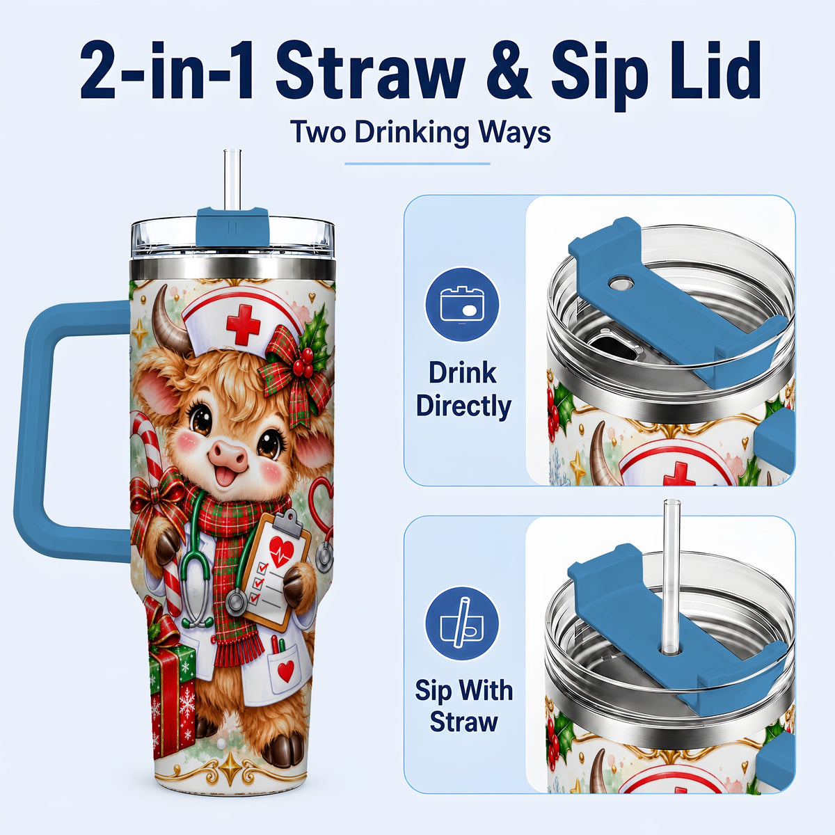#pl[40oz|Blue] Christmas Nurse Cow 40oz Tumbler with Handle, Holiday Healthcare Design