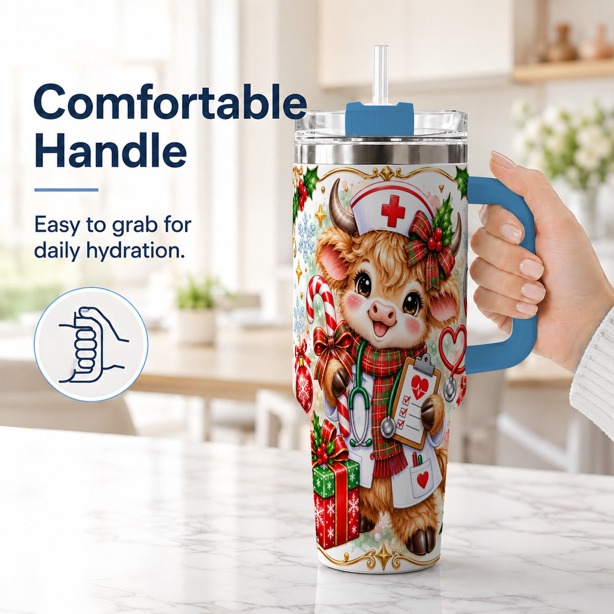#pl[40oz|Blue] Christmas Nurse Cow 40oz Tumbler with Handle, Holiday Healthcare Design