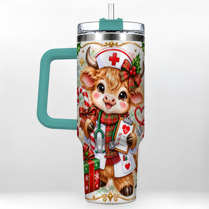 #pl[40oz|Green] Christmas Nurse Cow 40oz Tumbler with Handle, Holiday Healthcare Design