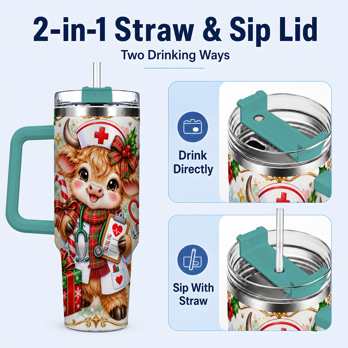 #pl[40oz|Green] Christmas Nurse Cow 40oz Tumbler with Handle, Holiday Healthcare Design