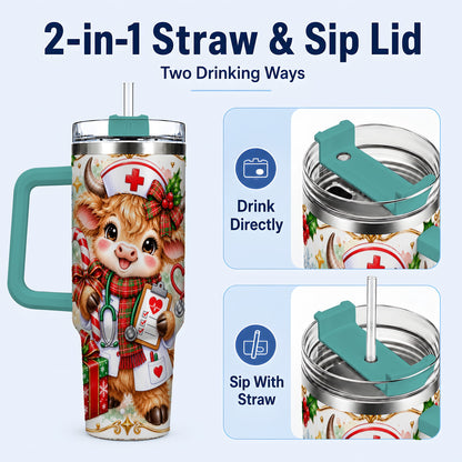 #pl[40oz|Green] Christmas Nurse Cow 40oz Tumbler with Handle, Holiday Healthcare Design
