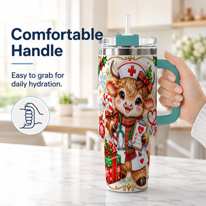 #pl[40oz|Green] Christmas Nurse Cow 40oz Tumbler with Handle, Holiday Healthcare Design