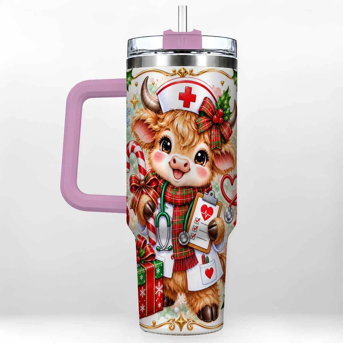 #pl[40oz|Pink] Christmas Nurse Cow 40oz Tumbler with Handle, Holiday Healthcare Design