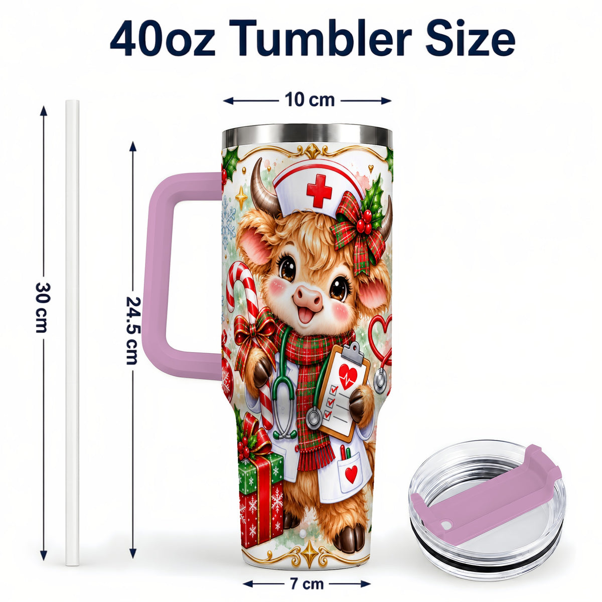 #pl[40oz|Pink] Christmas Nurse Cow 40oz Tumbler with Handle, Holiday Healthcare Design